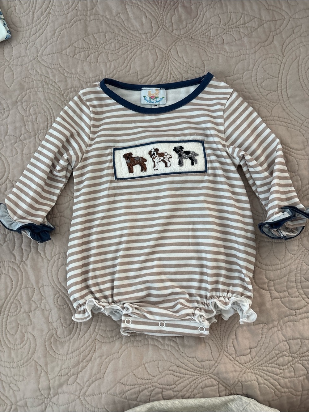 Striped Dogs Appliqué Baby One-Piece Bodysuit - Navy Trim